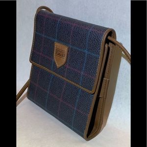 Vintage Esprit 1990's Plaid Vinyl Crossbody Organizer Wallet Retro Navy Plaid.
